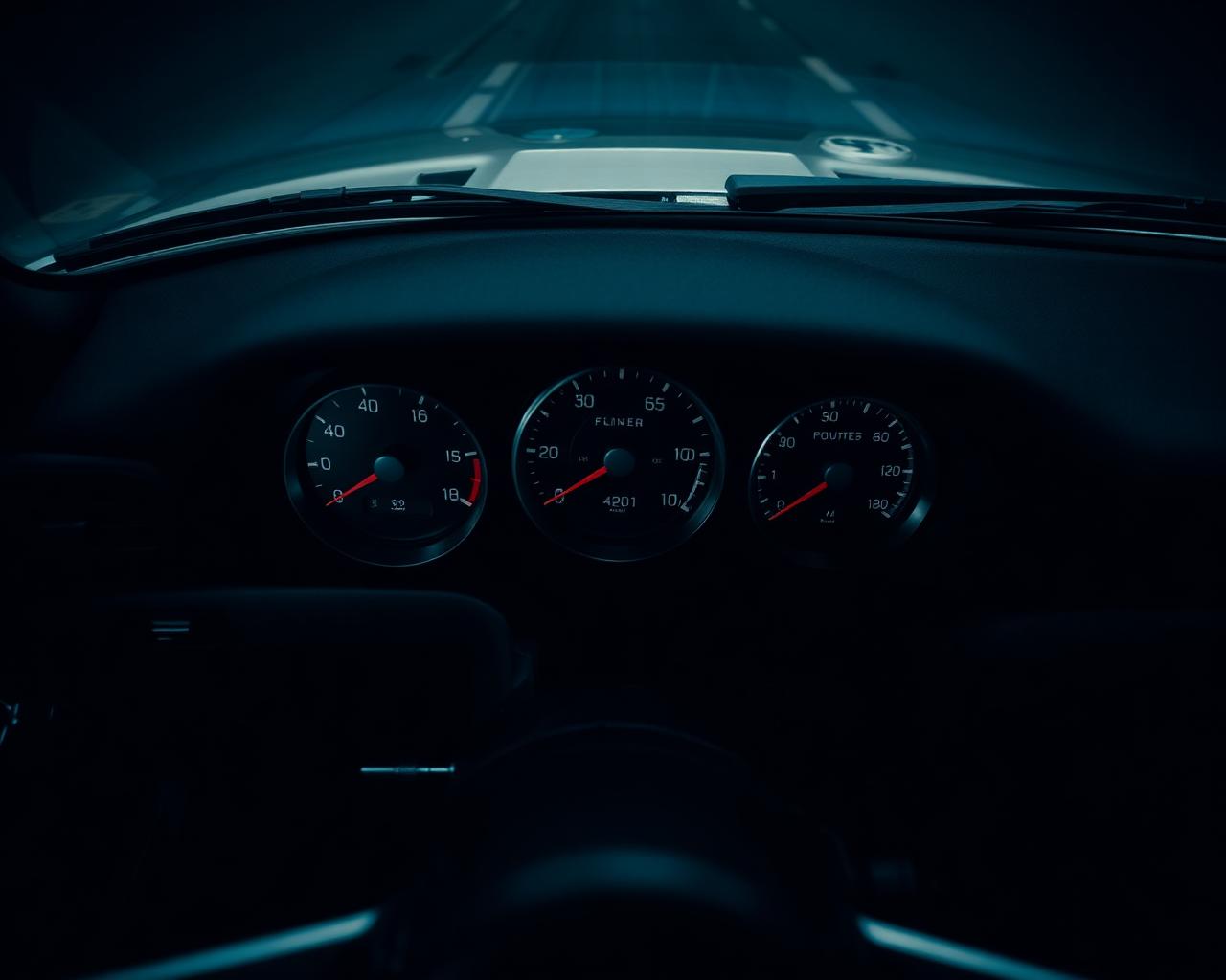 Analog gauges in a dark vehicle dashboard