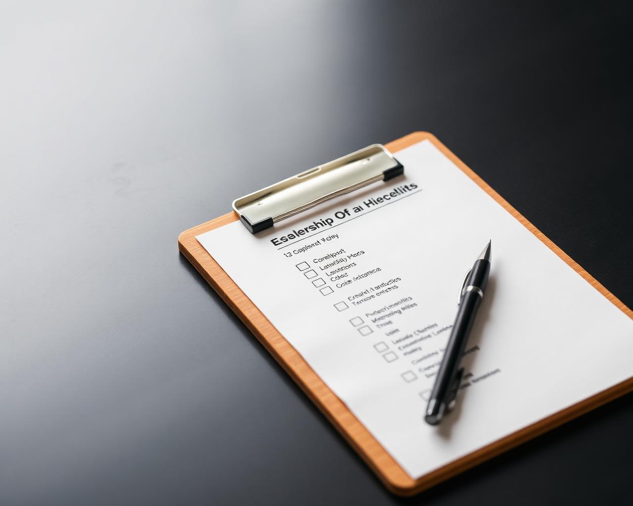 Clipboard with a printed checklist and pen on a dark desk