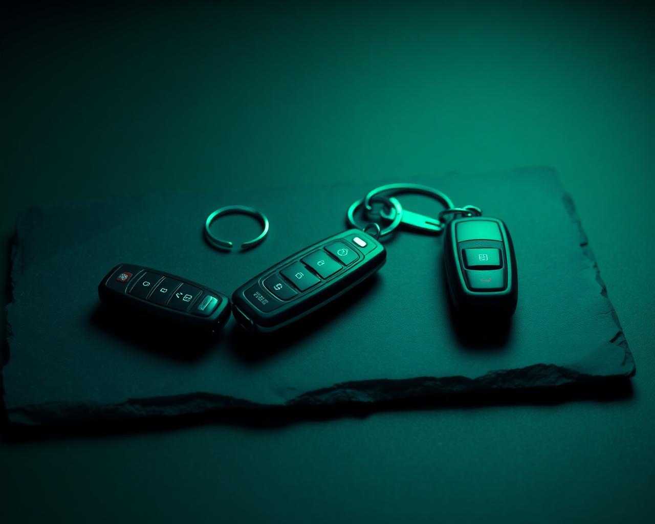 Set of car keys on a dark slate surface with green rim light