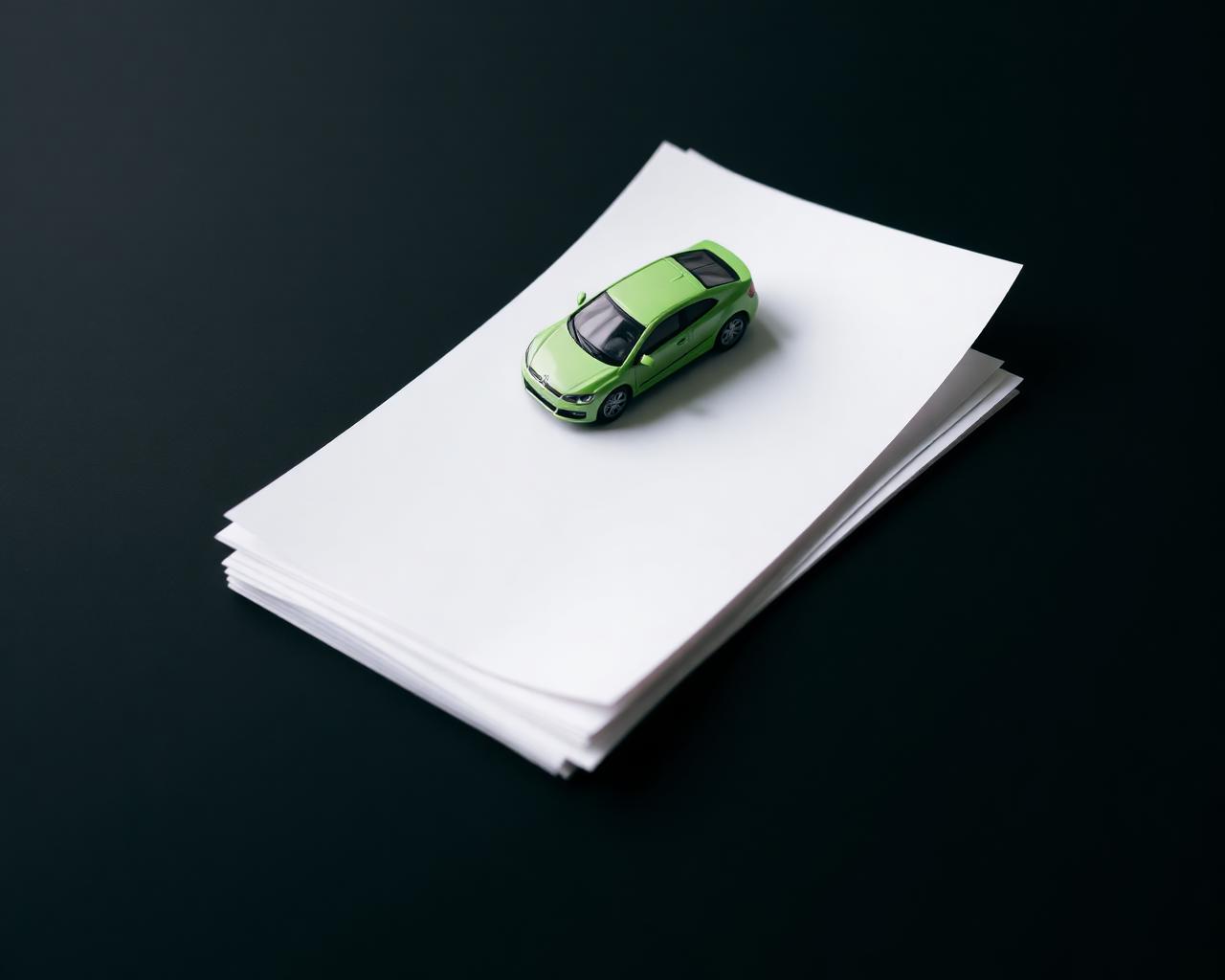 Toy car resting on a stack of paperwork against a dark background