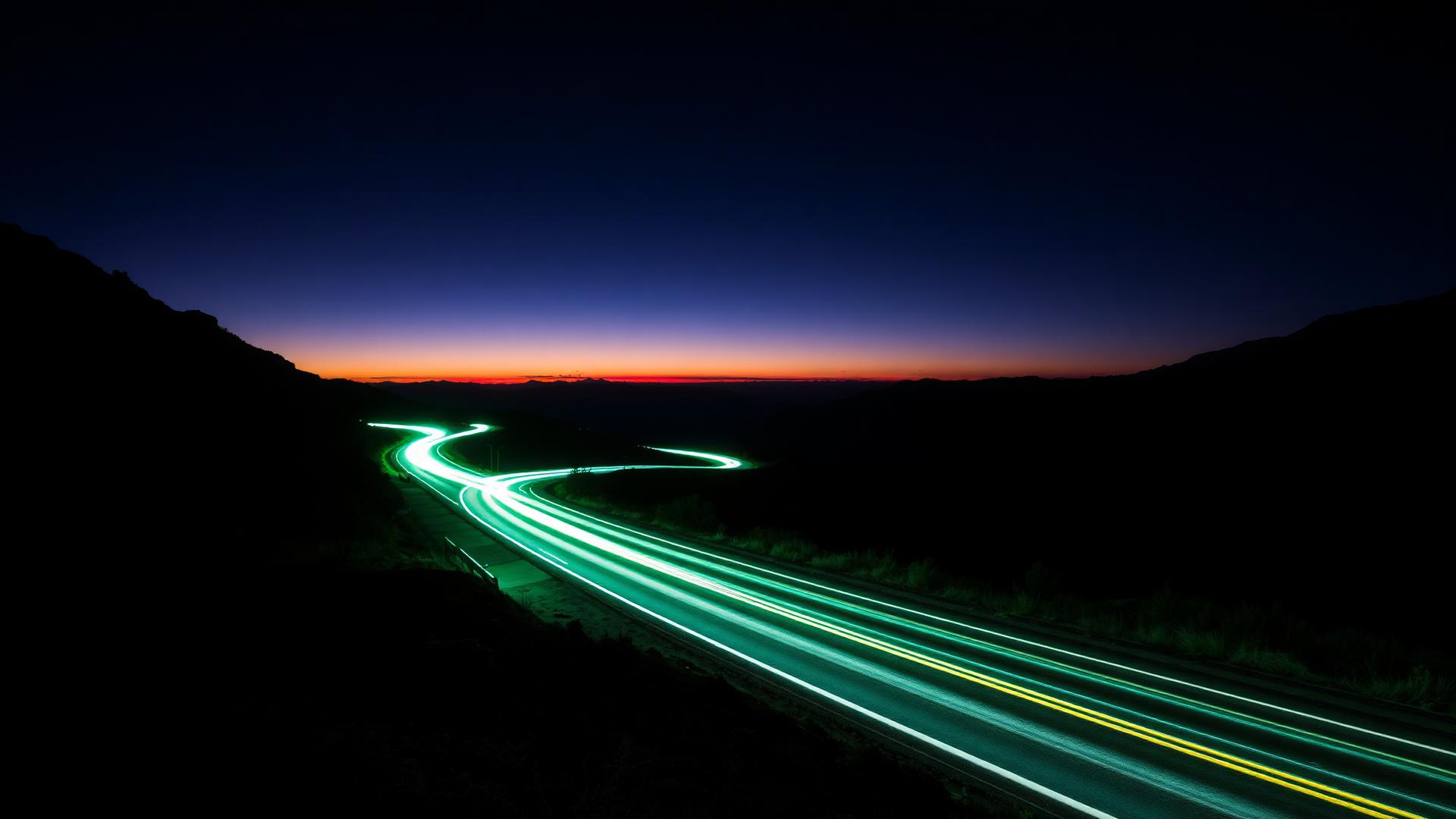 Long exposure of a winding mountain road with green light trails