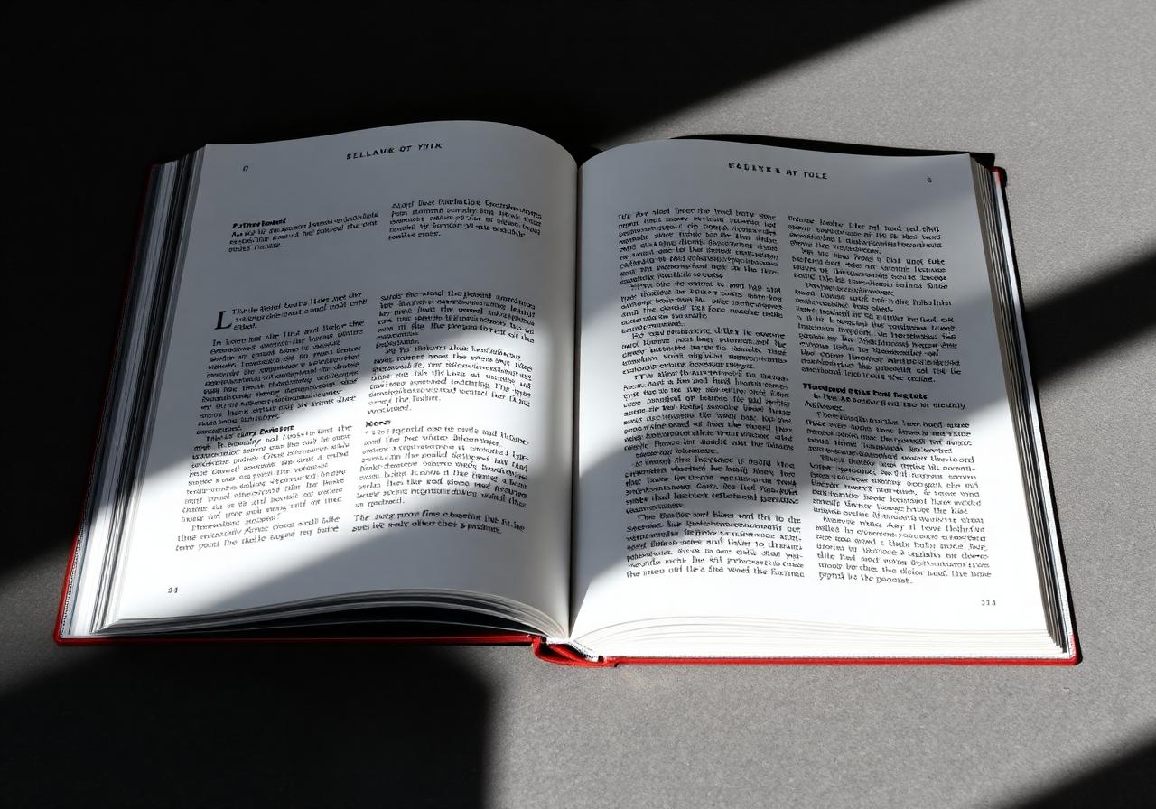 Open guidebook lit by hard light on a charcoal surface