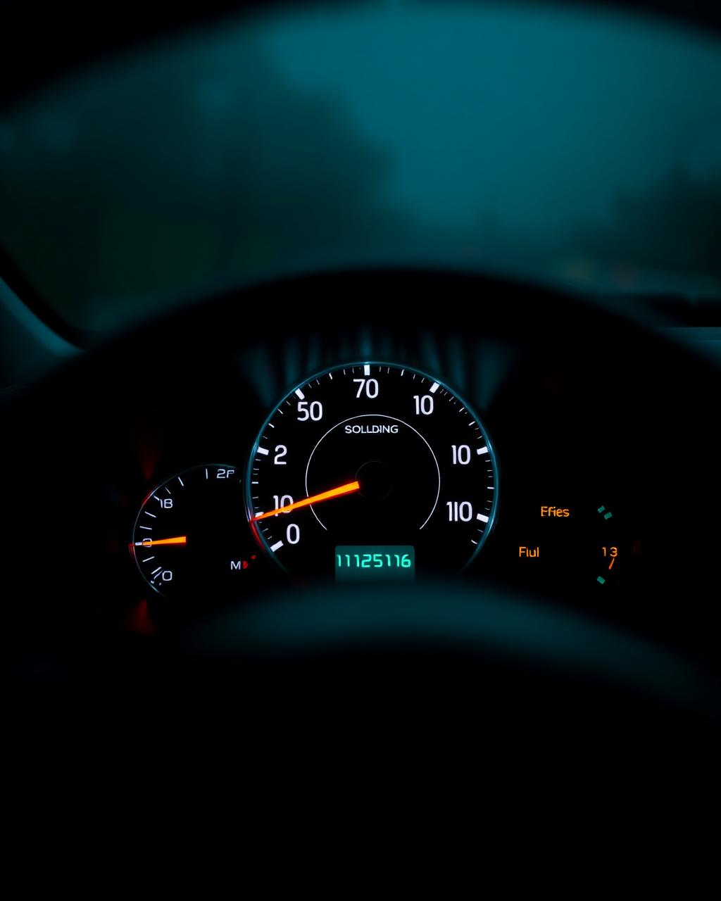 Close-up of a glowing analog speedometer dashboard