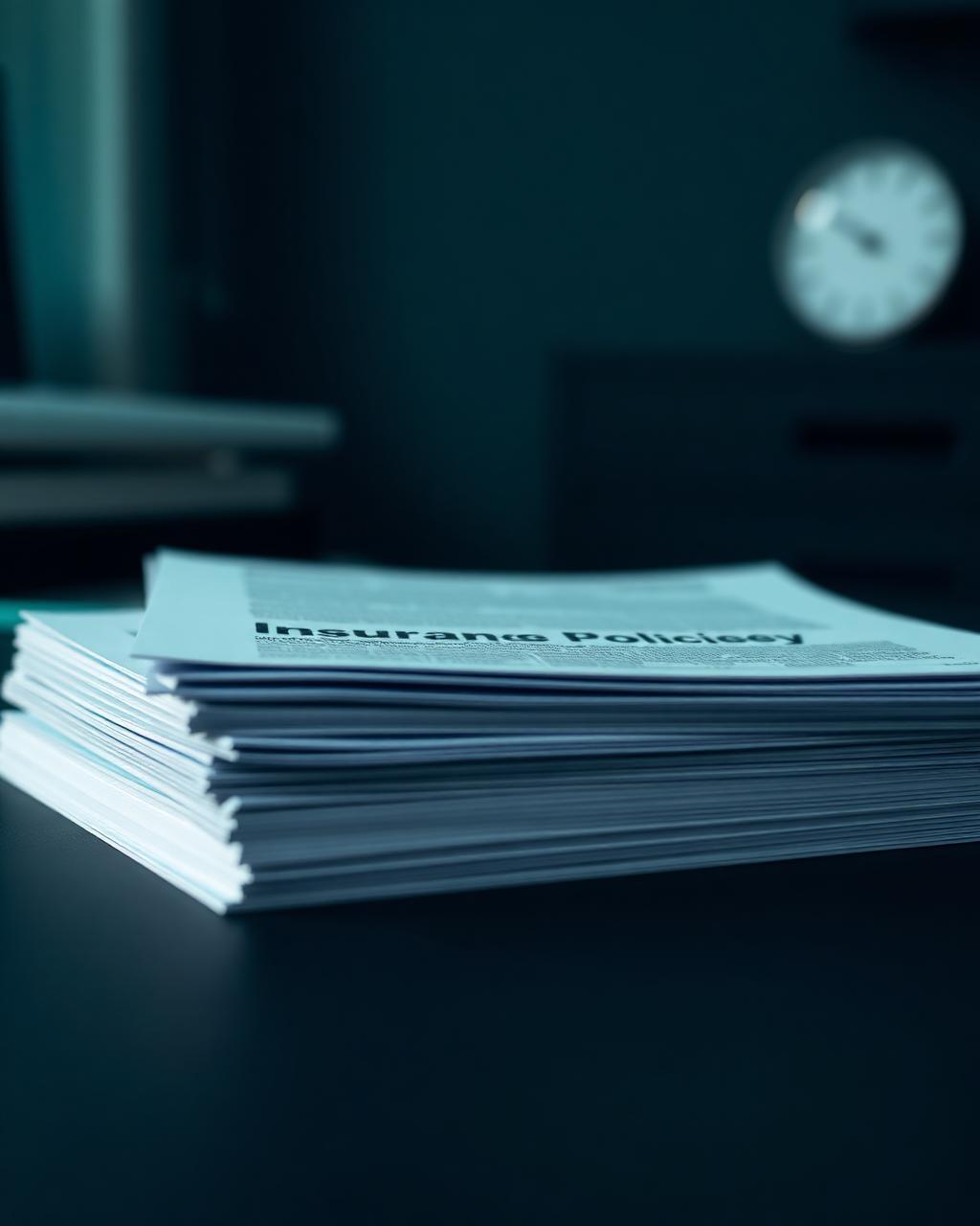 Stack of insurance policy documents on a dark desk